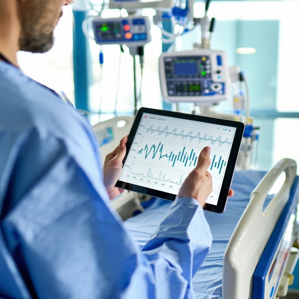 A picture with Healthcare IT someone in a hospital holding a Tablet