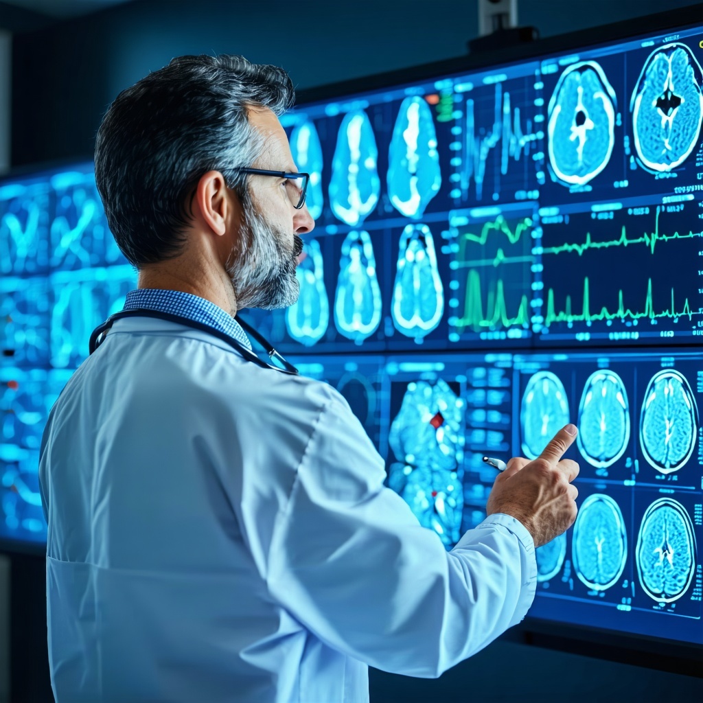 a doctor in a hospital who is looking at some medical data on a board